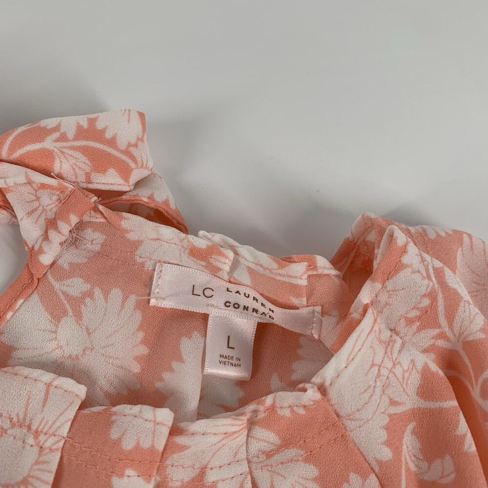 LC Lauren Conrad Flower Print Flatter Sleeve Tie Back Blouse Large Peach White L - Picture 3 of 6